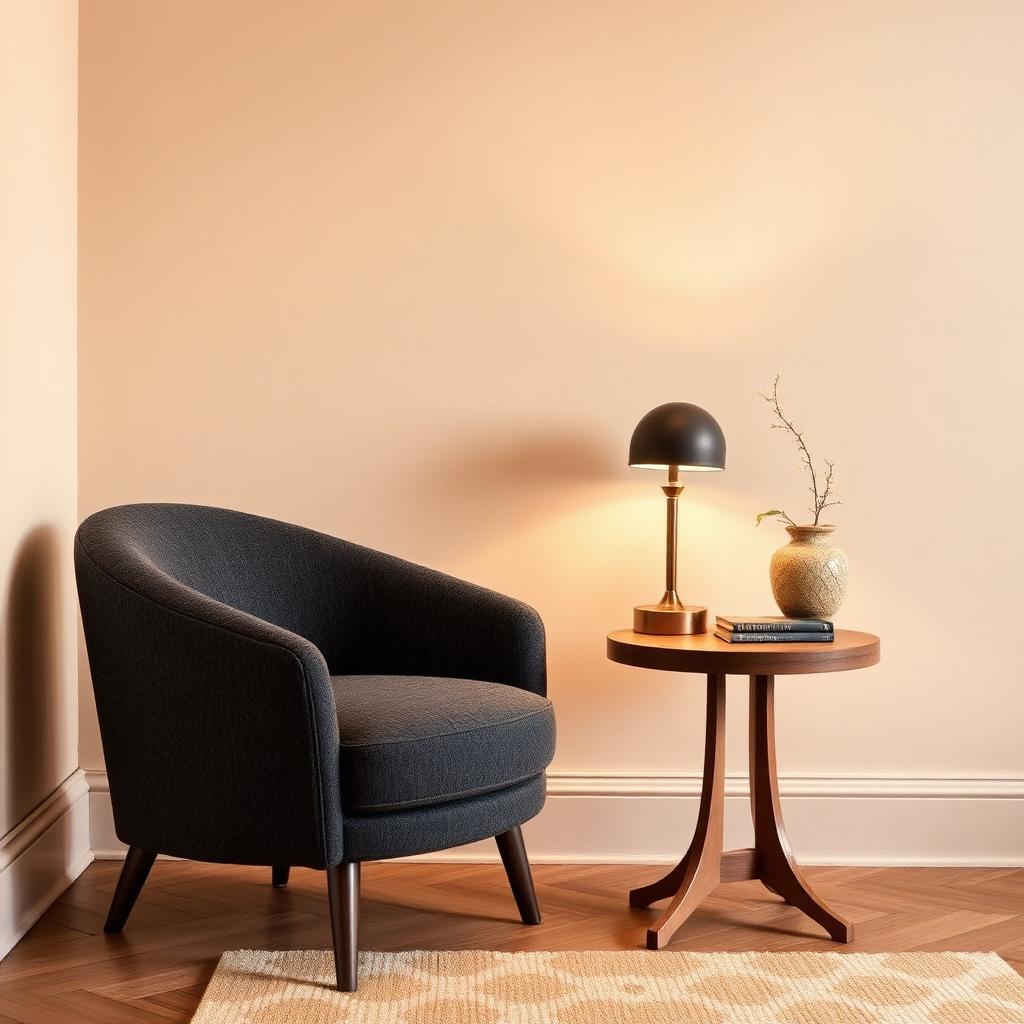 Curved upholstered accent chair beside a small round wood side table with a lamp