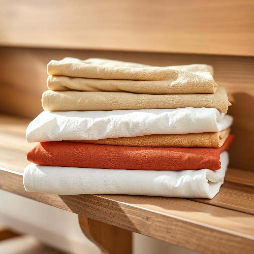 Folded stack of cream, oatmeal and clay colored bed linens on a wood bench