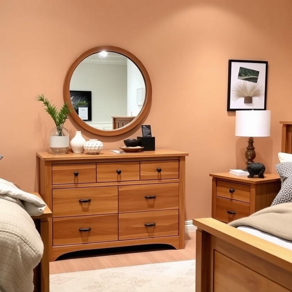 Wood dresser with a round mirror and matching nightstand in a warm bedroom