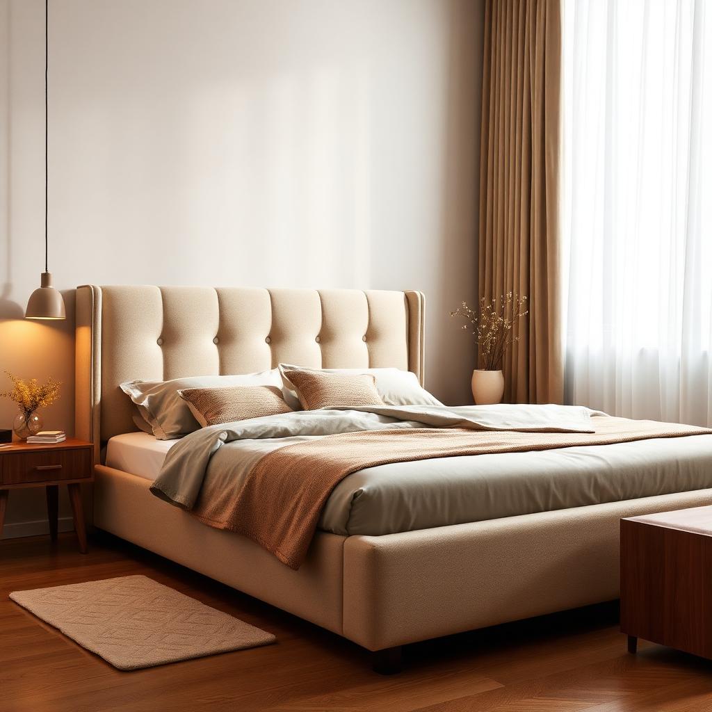Upholstered beige bed frame with a tall headboard in a warm modern bedroom