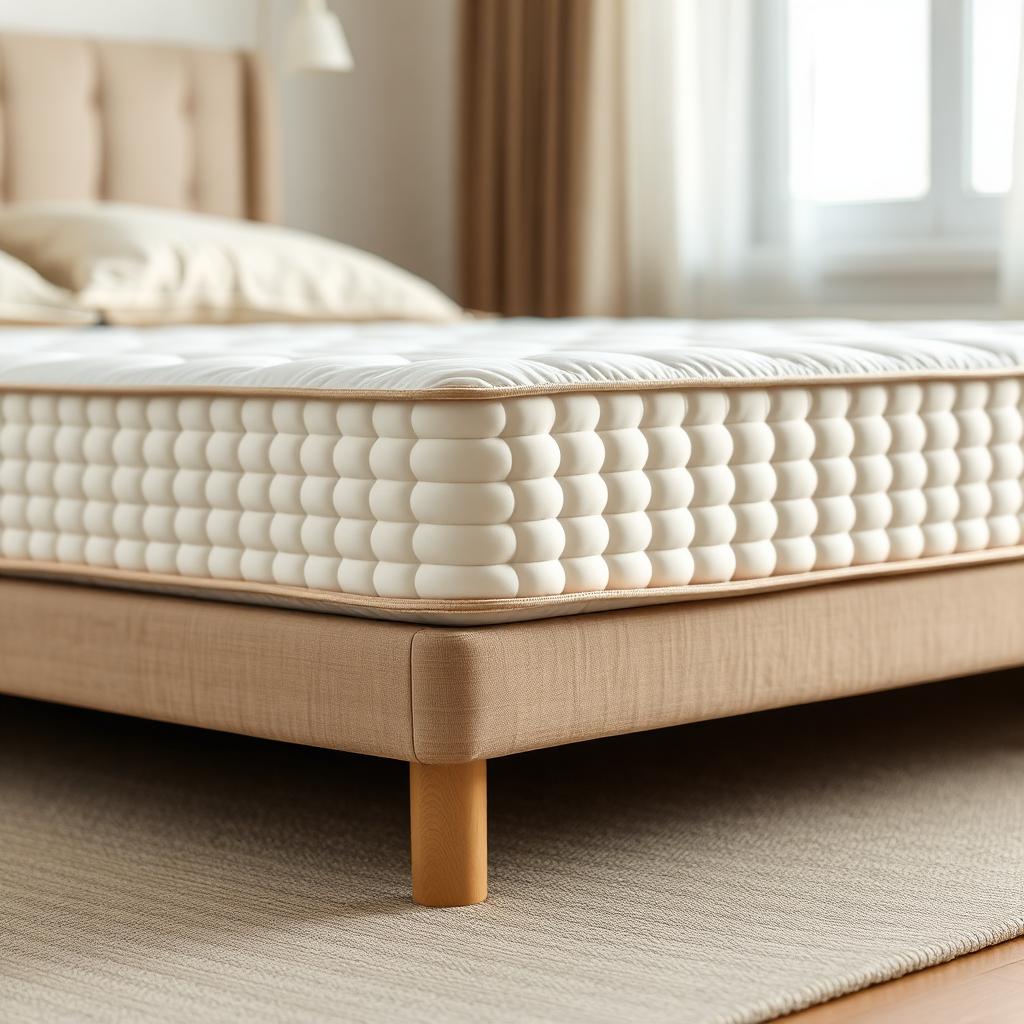 Quilted white mattress on a low platform base in a bright warm bedroom