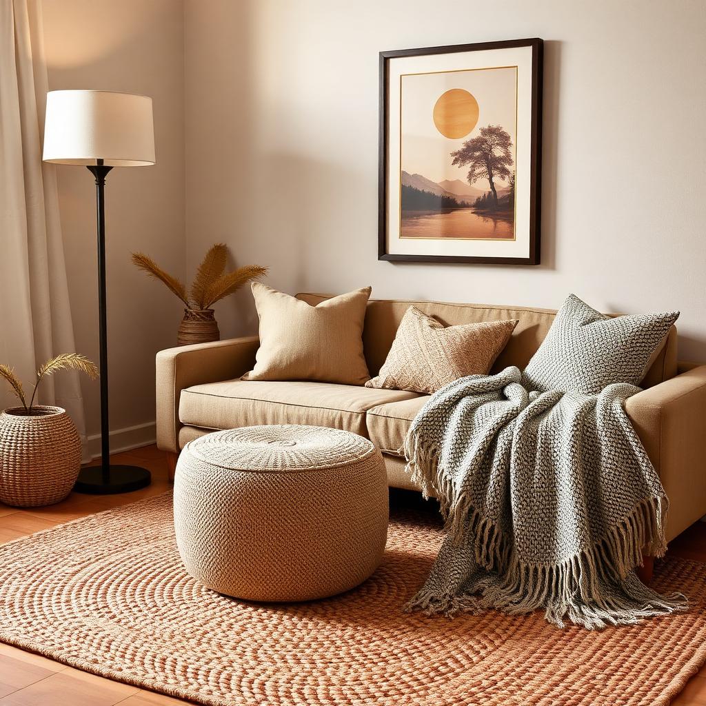 Cozy living room corner with woven rug, ottoman, throw blanket and floor lamp