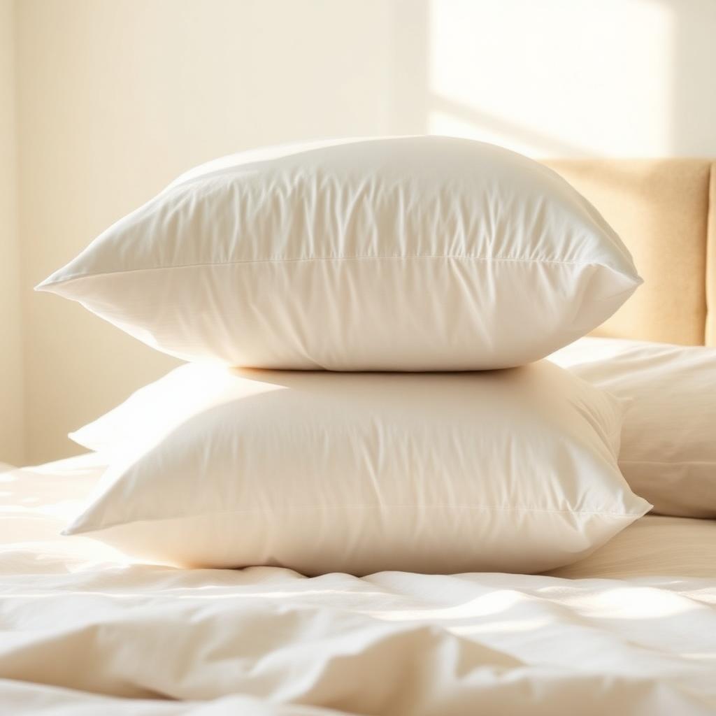Two plush white pillows stacked on a bed with soft cream linens