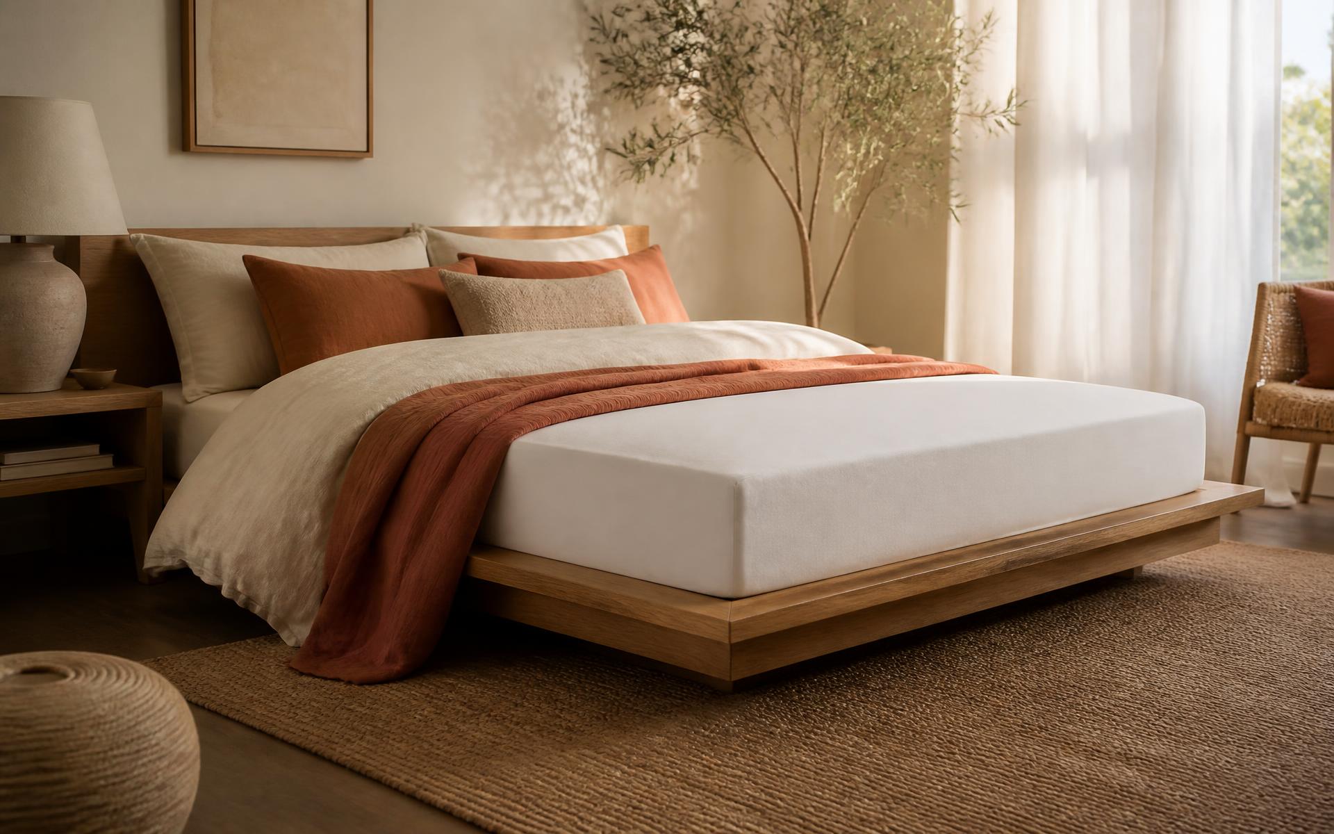 Sunlit modern bedroom with a plush mattress on an oak bed frame and warm layered linens